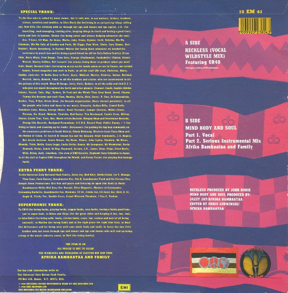 Afrika Bambaataa And Family Featuring UB40 – Reckless (Vocal Wildstyle Mix) (VG+) BOX21