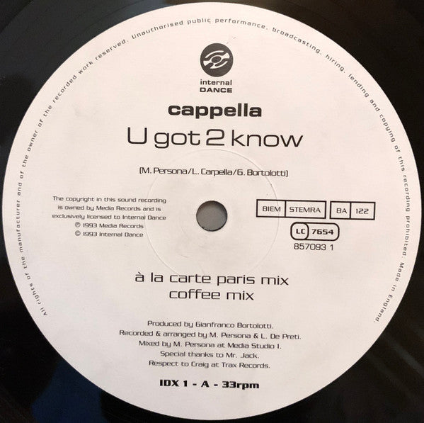 Cappella – U Got 2 Know (NM, FUNDA VG+) BOX26