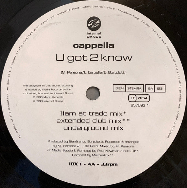 Cappella – U Got 2 Know (NM, FUNDA VG+) BOX26