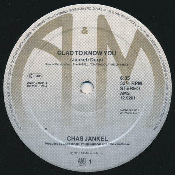 Chas Jankel – Glad To Know You (NM, FUNDA VG+)