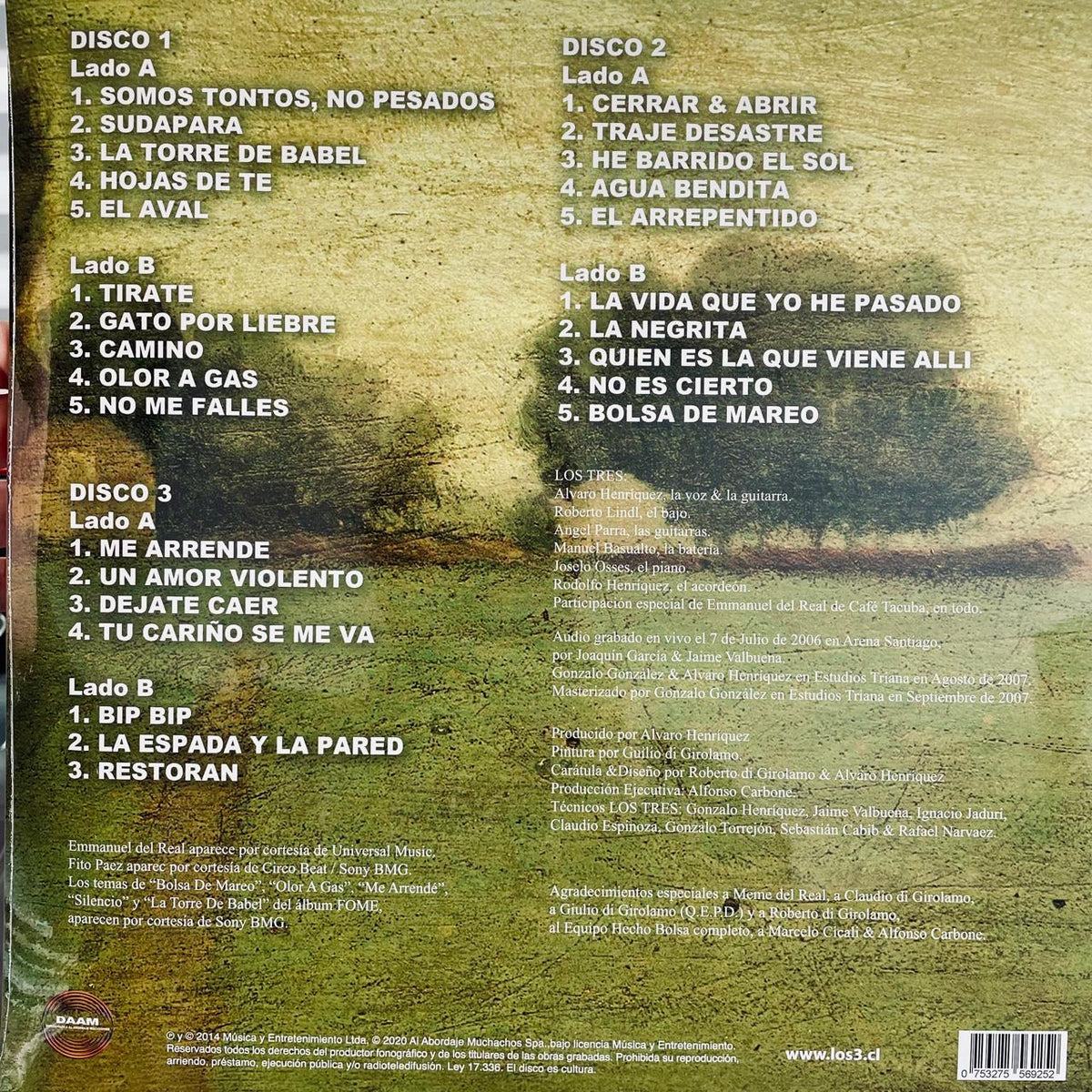 Los Tres – Arena, contraportada con el listado de canciones