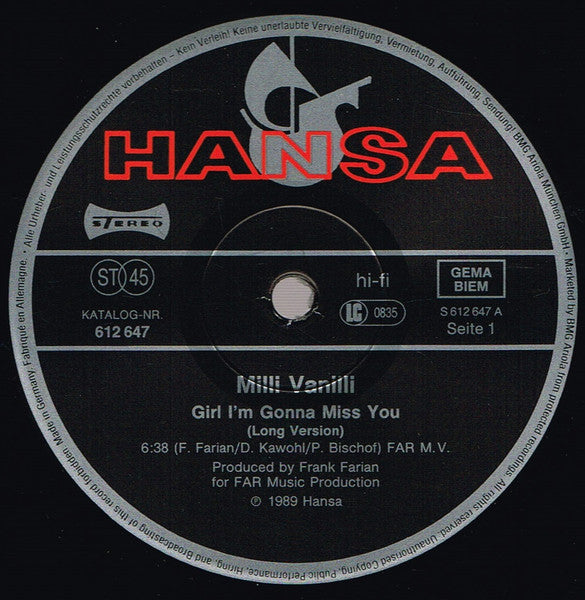 Milli Vanilli – Girl I'm Gonna Miss You (NM) BOX27