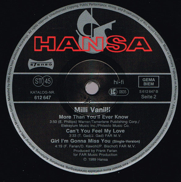 Milli Vanilli – Girl I'm Gonna Miss You (NM) BOX27