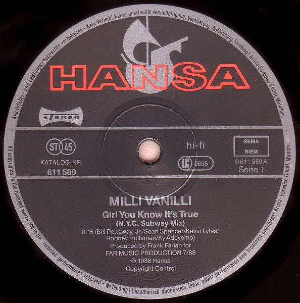 Milli Vanilli – Girl You Know It's True (N.Y.C. Subway Mix) (NM) BOX23