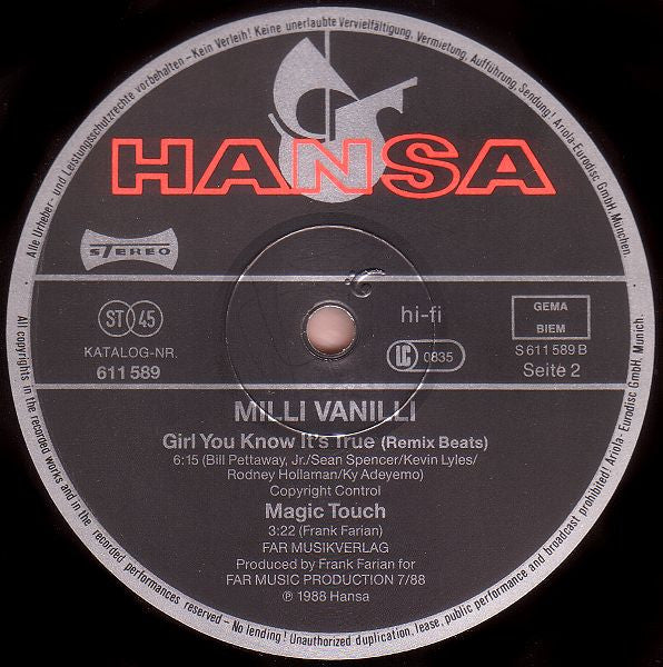 Milli Vanilli – Girl You Know It's True (N.Y.C. Subway Mix) (NM) BOX23