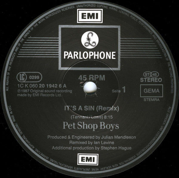 Pet Shop Boys – It's A Sin (Remix) (NM, FUNDA VG+) BOX3