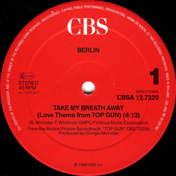 Berlin – Take My Breath Away (Love Theme From "Top Gun") (NM, FUNDA VG+) BOX20