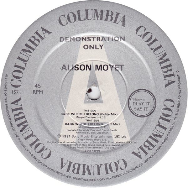 Alison Moyet – Back Where I Belong (NM, FUNDA GENÉRICA PROMOCIONAL VG+) BOX15