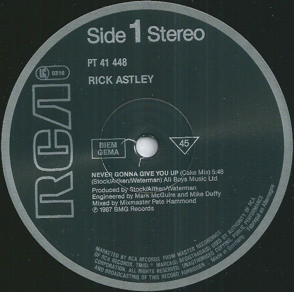 Rick Astley – Never Gonna Give You Up (VG+)