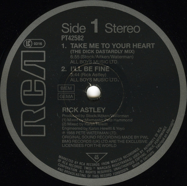 Rick Astley – Take Me To Your Heart (The Dick Dastardly Mix and Rick's Hit Mix (EX, FUNDA VG+) BOX9