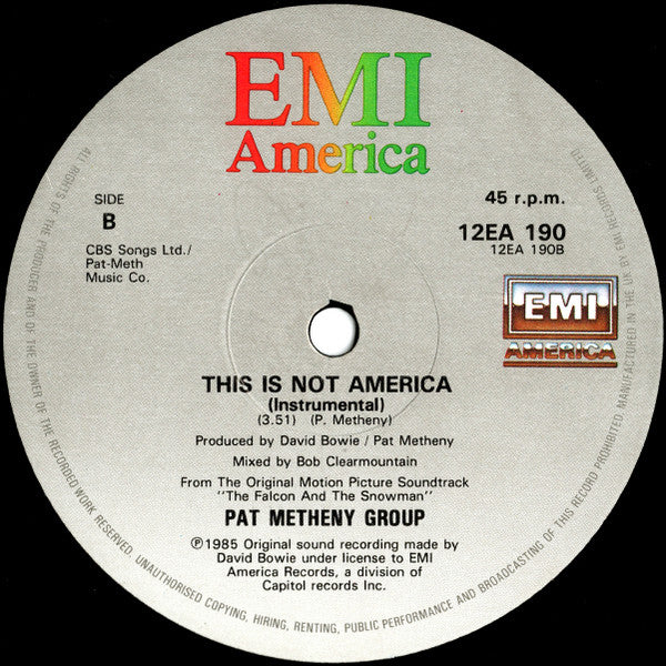 David Bowie / Pat Metheny Group – This Is Not America (Theme From The Original Motion Picture, The Falcon And The Snowman) (NM, FUNDA EX) BOX23