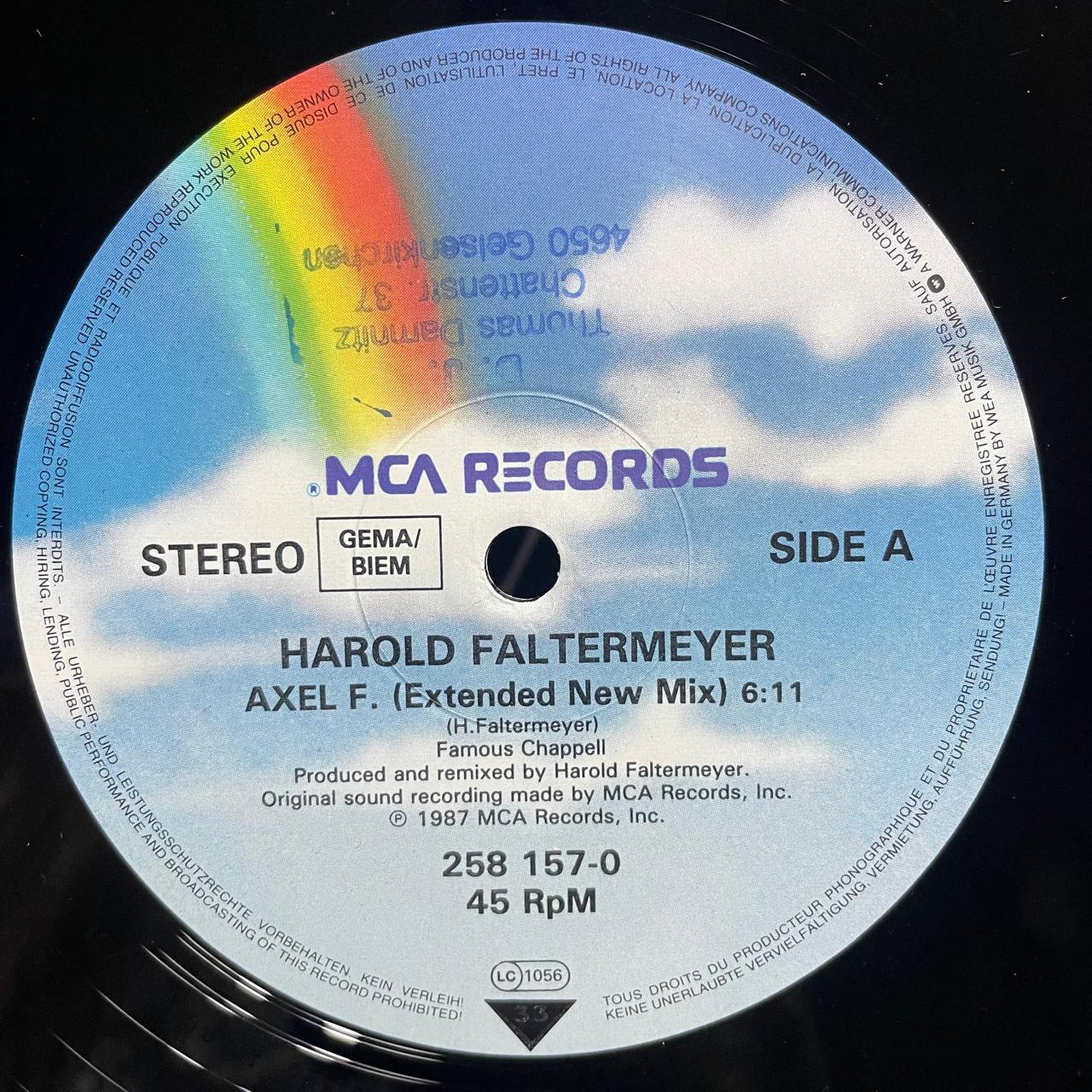 Harold Faltermeyer & Axel F – Axel F (Brand New Detroit '87 Mix) (EX)-TIMBRE EN GALLETA VER FOTO- BOX36