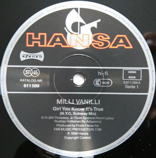 Milli Vanilli – Girl You Know It's True (N.Y.C. Subway Mix) (VG+) BOX35