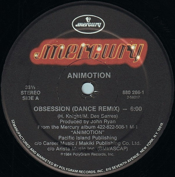 Animotion – Obsession (Dance Remix) (EX, FUNDA GENÉRICA DE SELLO DISCOGRÁFICO VG+) BOX16