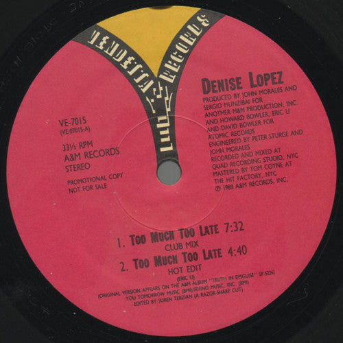 Denise Lopez – Too Much Too Late (NM, Funda VG Generic de Sello) Box27