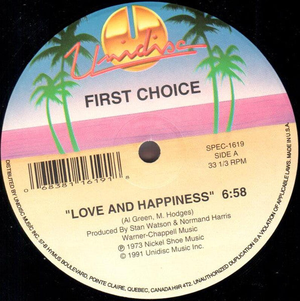 First Choice – Love And Happiness / The Player (NM, Funda Generic de Sello) Box39