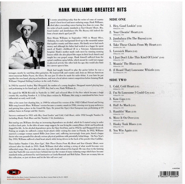 Hank Williams – Hank Williams Greatest Hits, contraportada con el listado de canciones