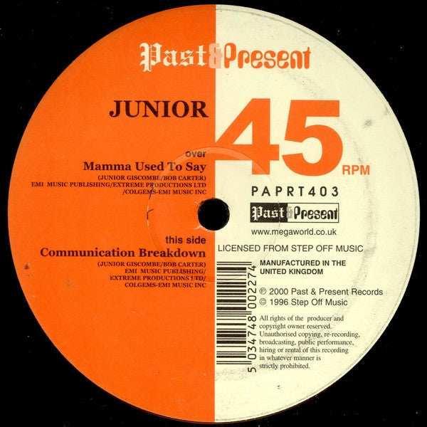 Junior – Mamma Used To Say / Communication Breakdown (VG+, Funda Generic de Sello) Box3