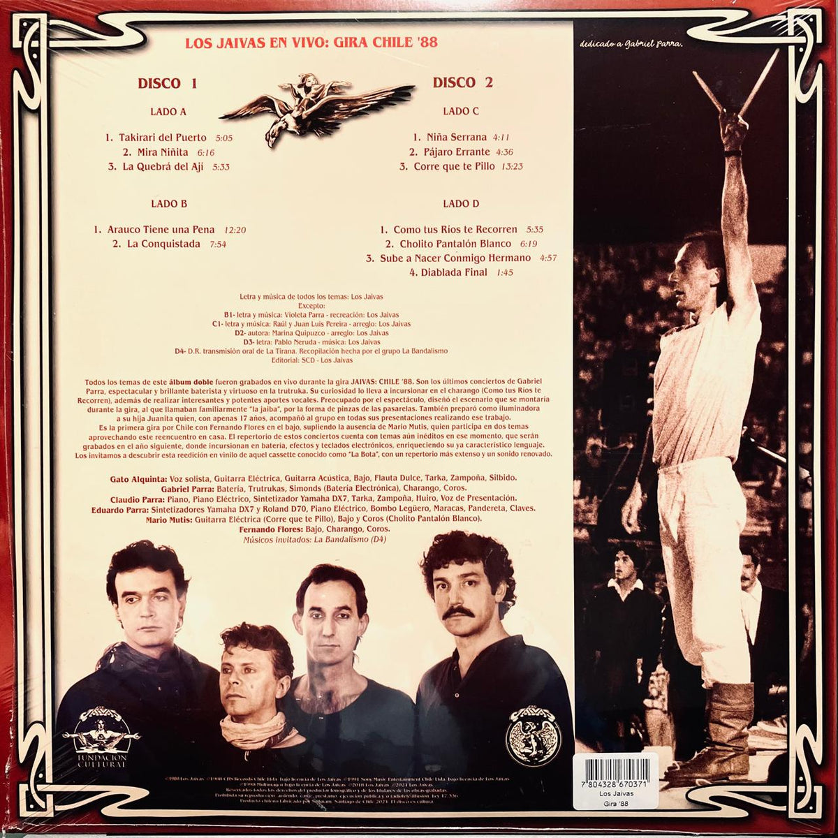 Los Jaivas – En Vivo, contraportada con el listado de canciones