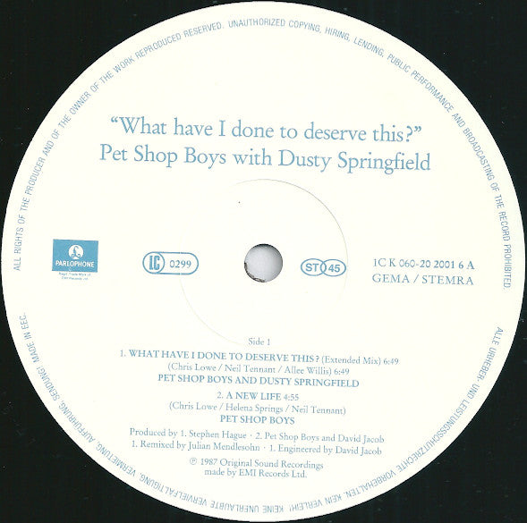 Pet Shop Boys With Dusty Springfield – What Have I Done To Deserve This? (NM, FUNDA GENERICA)