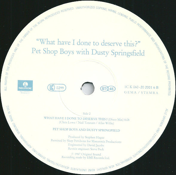 Pet Shop Boys With Dusty Springfield – What Have I Done To Deserve This? (NM, FUNDA GENERICA)