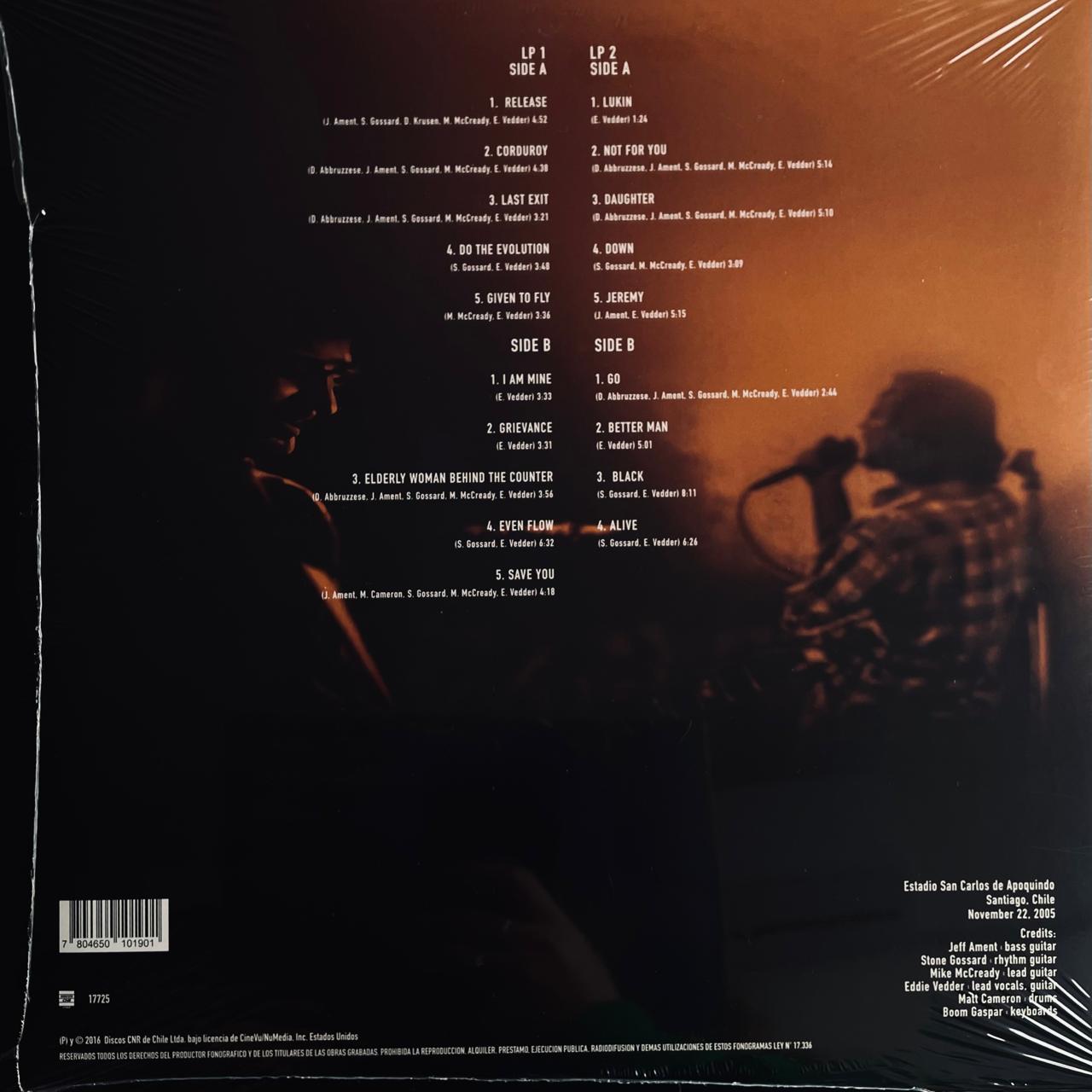 Pearl Jam – Live in Chile 2005, contraportada con el listado de canciones