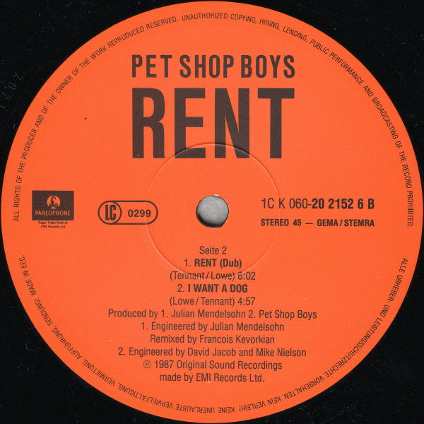 Pet Shop Boys – Rent (NM, FUNDA VG+) BOX3