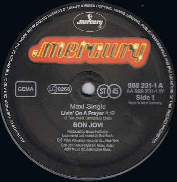 Bon Jovi – Livin' On A Prayer / You Give Love A Bad Name / Edge Of A Broken Heart (MINT, FUNDA VG+) BOX22