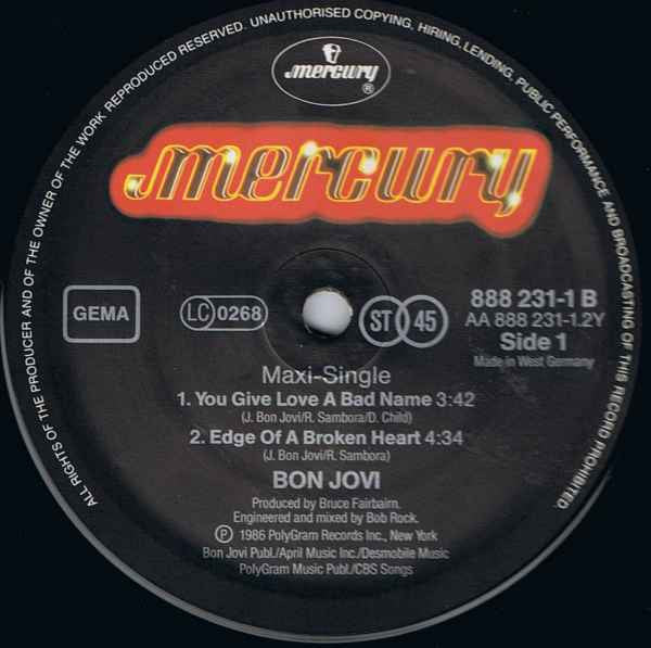 Bon Jovi – Livin' On A Prayer / You Give Love A Bad Name / Edge Of A Broken Heart (MINT, FUNDA VG+) BOX22