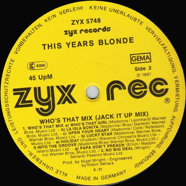 This Year's Blonde – Who's That Mix (Jack It Up) (EX, FUNDA VG+) BOX16