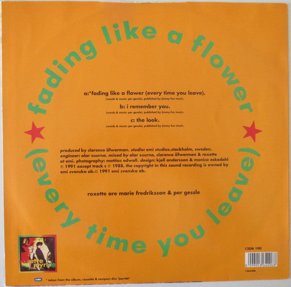 Roxette – Fading Like A Flower (Every Time You Leave) (VG+ con pequeñas marcas superficiales que no afectan la reproducción) BOX22