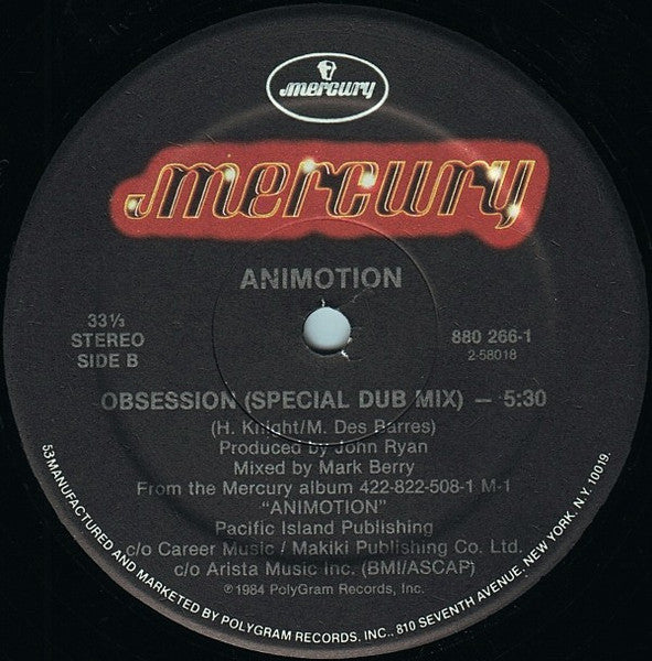Animotion – Obsession (Dance Remix) (EX, FUNDA GENÉRICA DE SELLO DISCOGRÁFICO VG+) BOX16