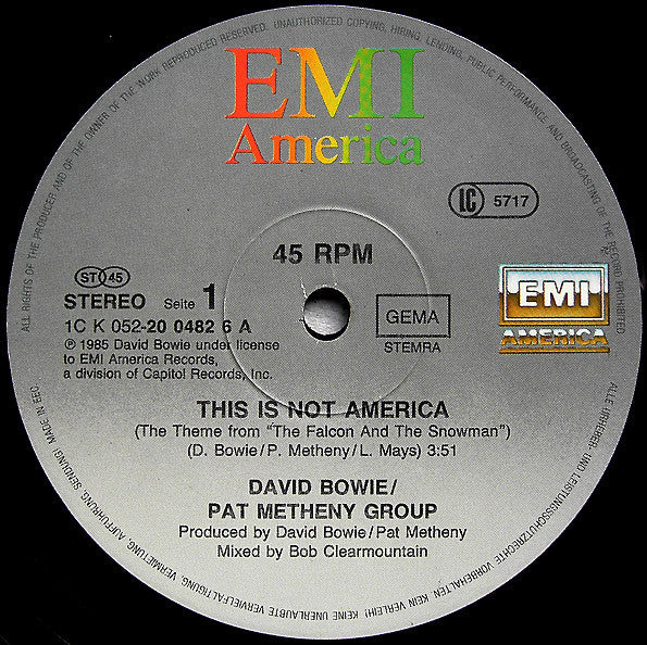 David Bowie / Pat Metheny Group – This Is Not America (Theme From The Original Motion Picture, The Falcon And The Snowman) (NM, FUNDA EX) BOX8