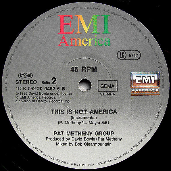 David Bowie / Pat Metheny Group – This Is Not America (Theme From The Original Motion Picture, The Falcon And The Snowman) (NM, FUNDA EX) BOX8