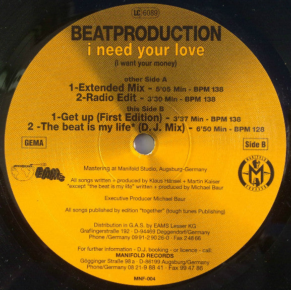 Beatproduction ‎– I Need Your Love (I Want Your Money) (NM) BOX33