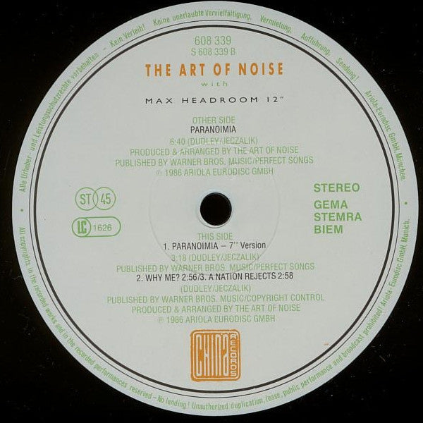The Art Of Noise With Max Headroom – Paranoimia (Extended Version) (VG+) BOX20