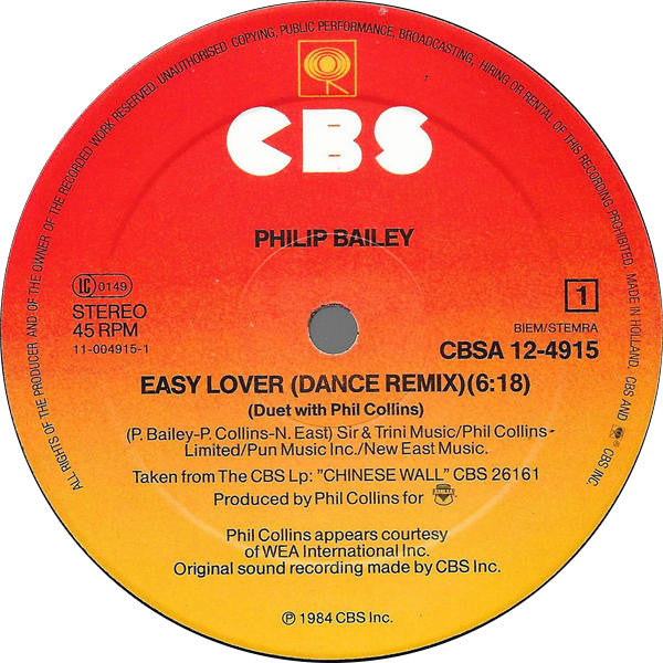 Philip Bailey Duet With Phil Collins / Philip Bailey – Easy Lover (Extended Dance Remix) b/w Woman (NM, FUNDA VG+) BOX30