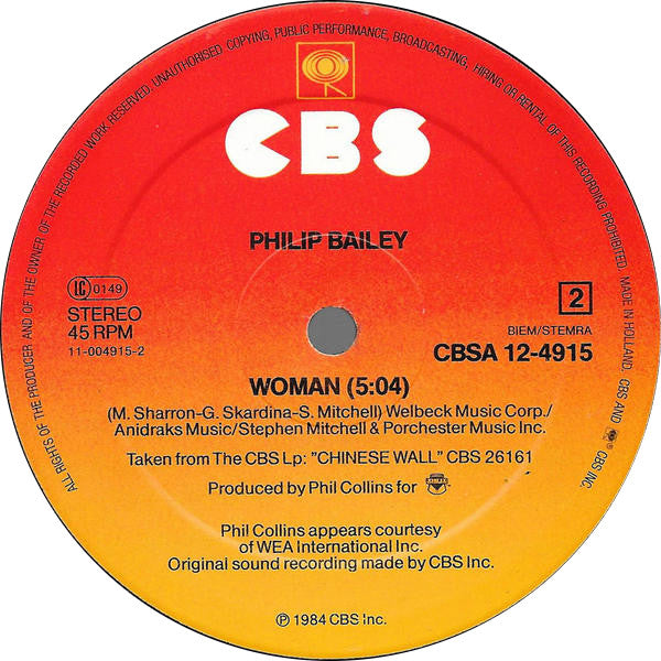 Philip Bailey Duet With Phil Collins / Philip Bailey – Easy Lover (Extended Dance Remix) b/w Woman (NM) BOX4