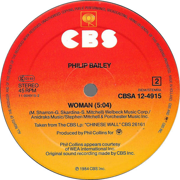 Philip Bailey Duet With Phil Collins / Philip Bailey – Easy Lover (Extended Dance Remix) b/w Woman (NM, FUNDA VG+) BOX30
