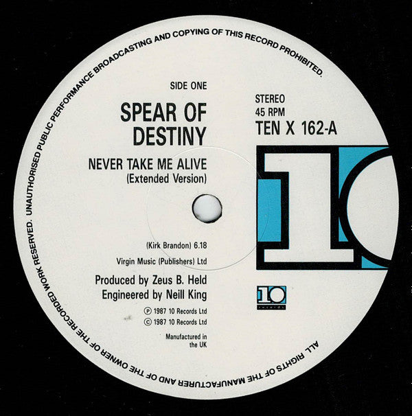 Spear Of Destiny ‎– Never Take Me Alive / Land Of Shame (NM, DISCO DOBLE) BOXE1
