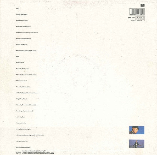 Pet Shop Boys – Always On My Mind (NM, FUNDA VG+EX) BOX18