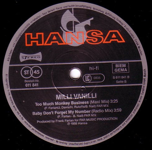 Milli Vanilli – Baby Don't Forget My Number (EX, FUNDA VG+) BOX16