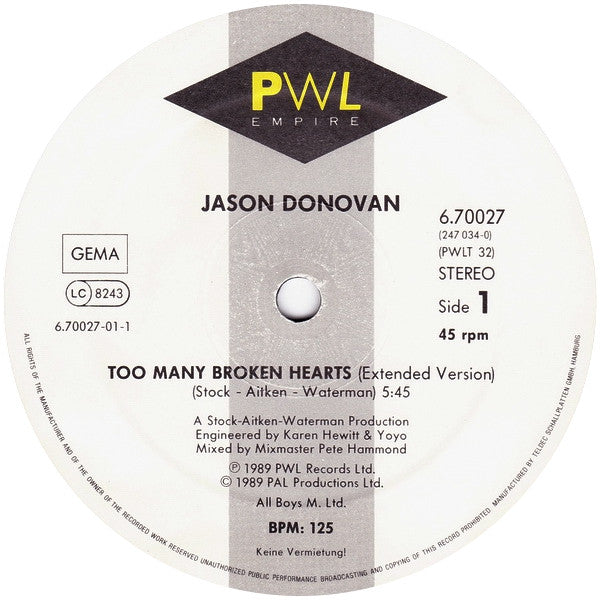 Jason Donovan – Too Many Broken Hearts (NM) BOX14