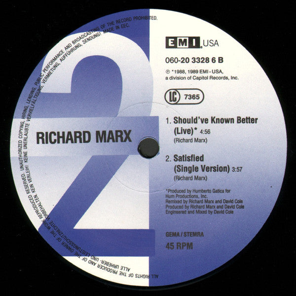 Richard Marx – Satisfied (NM, FUNDA EX) BOX24
