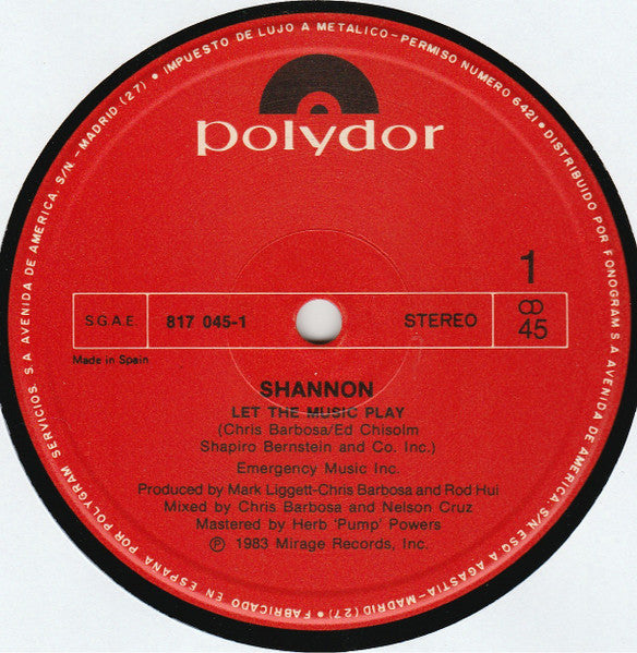 Shannon – Let The Music Play = Deja Que Suene La Musica (NM)