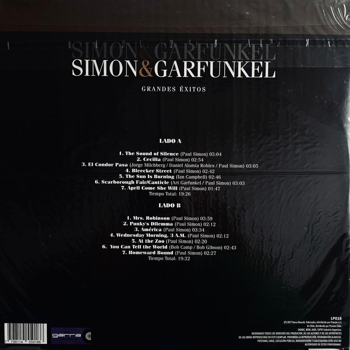 Simon & Garfunkel – Grandes Éxitos, contraportada con el listado de canciones