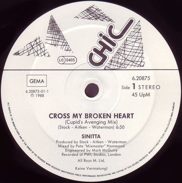 Sinitta – Cross My Broken Heart (Cupid's Avenging Mix) (NM, FUNDA VG+) BOX36