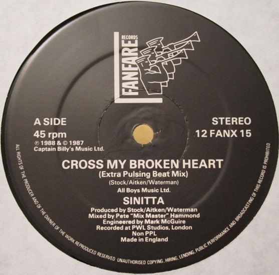 Sinitta – Cross My Broken Heart (Remix - Extra Pulsing Beat Mix) (NM, FUNDA VG+) BOX28