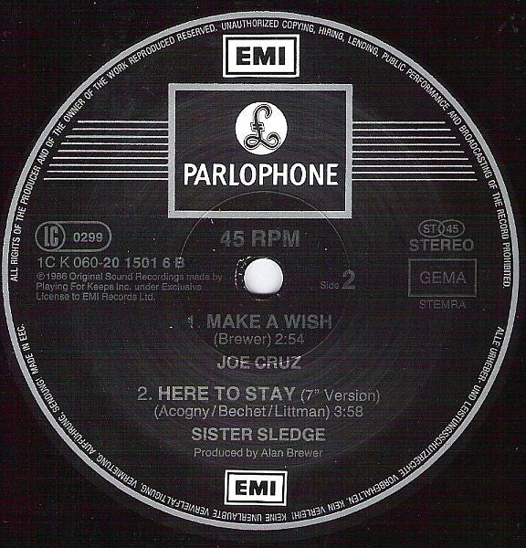 Sister Sledge / Joe Cruz – Here To Stay ("Playing For Keeps" Anthem) (VG+) BOX2