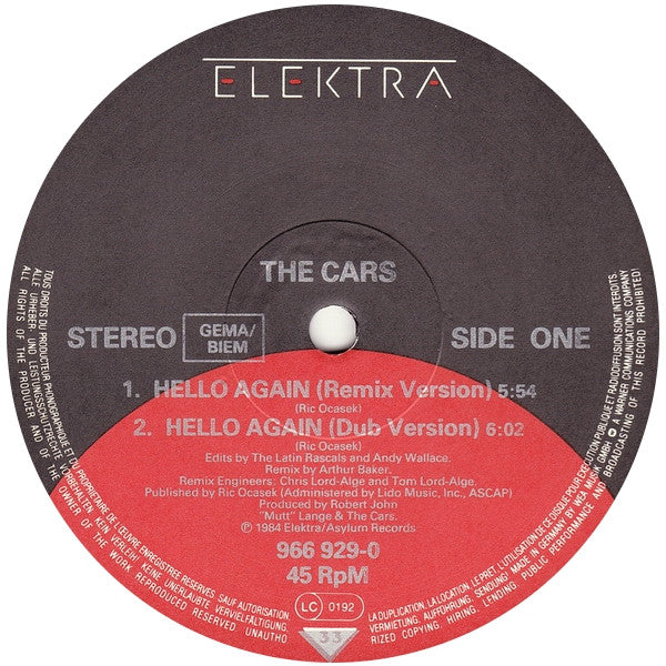 The Cars – Hello Again (Special 12 Inch Remix By Arthur Baker) (VG+) BOX28